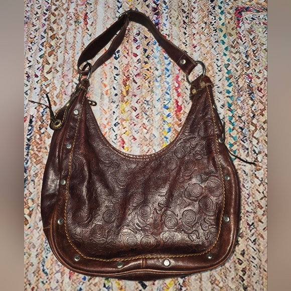 Marino Orlandi Brown Floral Embossed Leather Hobo Bag